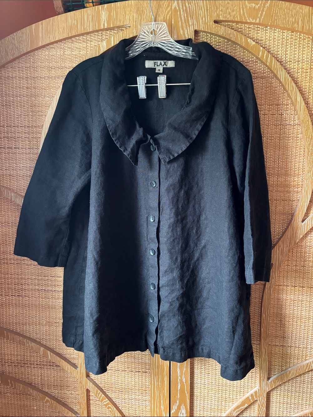 Flax Black Linen Button-Front Jacket with Rounded Collar